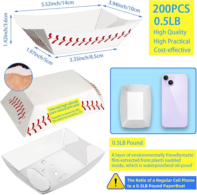 200 Pack 1/2Lb Paper Food Boat Trays, Baseball Birthday Decorations Baseball - Image 2