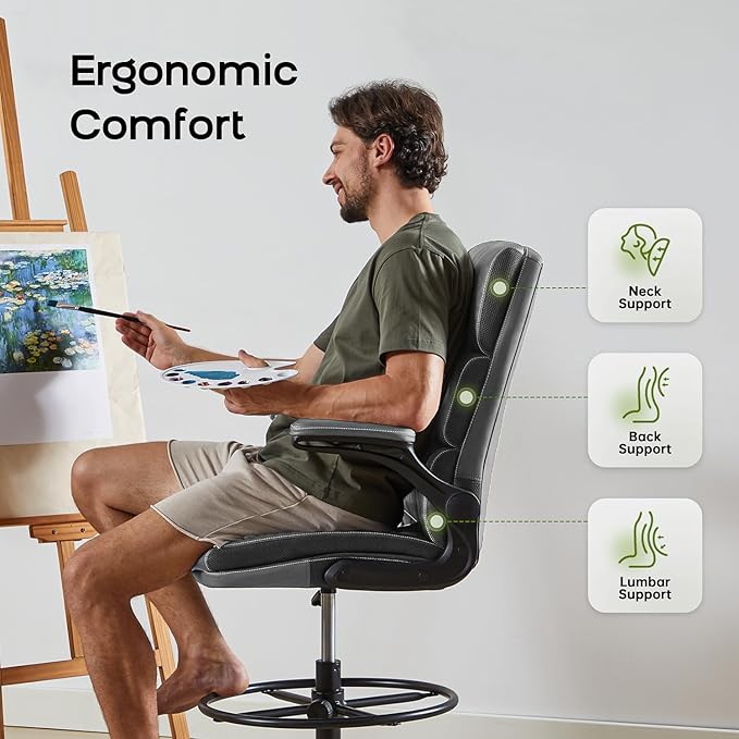 Drafting Chair Tall Office Chair with Padded Flip-up Armrests Executive Ergonomic Computer Standing Desk Chair with Comfortable Leather Backrest and Adjustable Footrest Ring (Gray)-DeskLoop Office