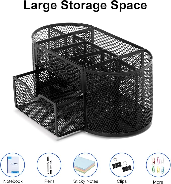 Comix Mesh Pen Pencil Holder Desk Organizer, 8 Compartment and 1 Drawer Wire - Image 4