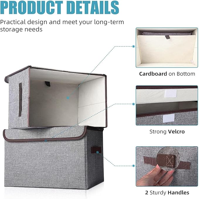 Large 22 Quart Linen Fabric Foldable Storage Bin Cube Organizer Basket with Flip-Top Lid & Handles, Clothes Blanket Box for Home, Office, Closet, Gray, 4 Pack 14.6 x 9.5 x 9.5”-DeskLoop Office