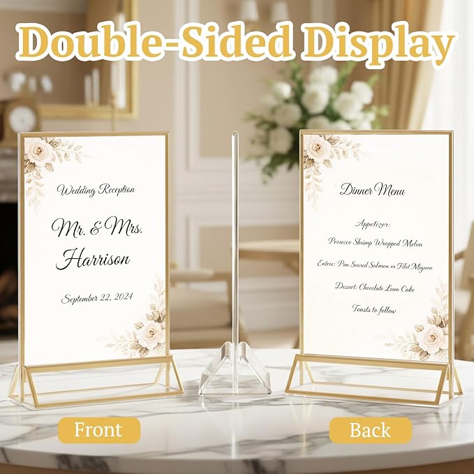 EHWINE 12 Pack Acrylic Sign Holder 5 x 7, Double Sided Gold Picture Frame Stand - Image 3