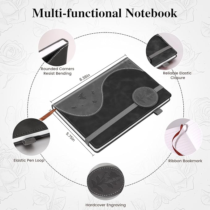 Lined Journal Notebook, A5 Hardcover Leather Journal for Men Women, 200 Pages 100 GSM Thick Paper, Journaling Notebooks for Work School Travel Note Taking, Black-DeskLoop Office