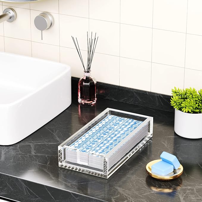 HIIMIEI Acrylic Napkin Holder for Bathroom, Acrylic Guest Towel Holder, Bathroom Napkins Guest Disposable Holder, Hand Towel Tray for Kitchen, Parties, Weddings, Party, Hotel, Restaurant（Clear）-DeskLoop Office