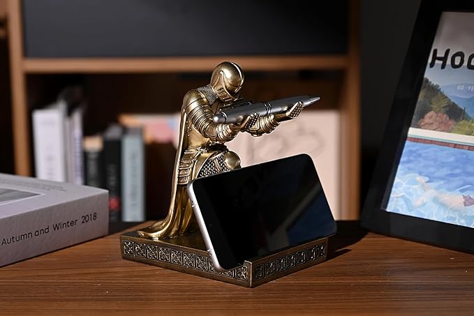Windbreaker Soldier Knight Pen Holder Personalized Desk Accessory, Mobile Phone & Gaming Controller Holder, Device Stand Gift for Medieval Enthusiasts (Bronze)-DeskLoop Office