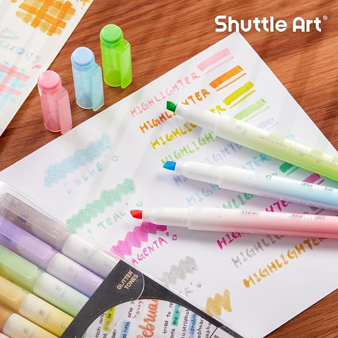 Glitter Highlighters, Shuttle Art 10 Sparkle Colors Chisel Tip Fluorescent Markers, Quick-Dry Non-Toxic Aesthetic Shimmer Highlighter Pens for Kids Teens Adults, Perfect for School Office Art Supplies-DeskLoop Office