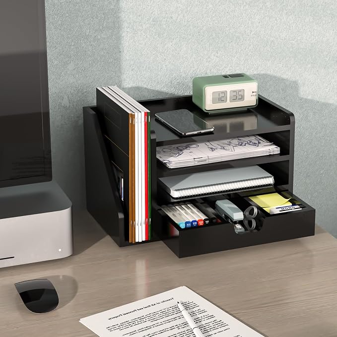 Multi-Tier Wood Desk File Organizer, 3 Tray Shelves & Adjustable Drawer - Image 6
