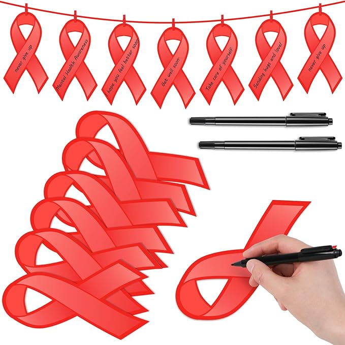 Kosiz 100 Pack Large Red Ribbon Awareness Set 100 Red Ribbon Week Cutouts Drug Free Heart Disease HIV Aids Awareness Items 2 Marker Pens 100 Wooden Clips with Rope for Public Charity Party Supplies-DeskLoop Office