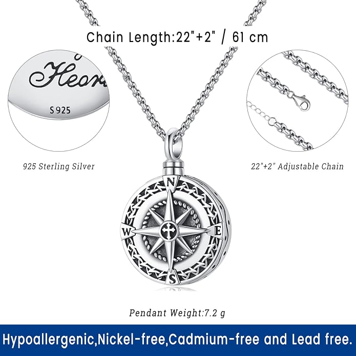 Compass Necklace for Women Men 925 Sterling Silver Pendant Urn Necklaces for - Image 3