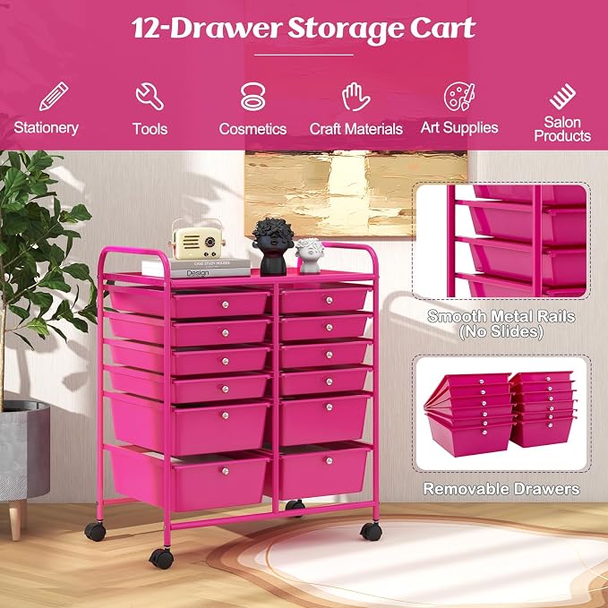 Happygrill 12-Drawer Rolling Storage Cart, 2 Sizes Plastic Drawers & Metal Shelf - Image 6