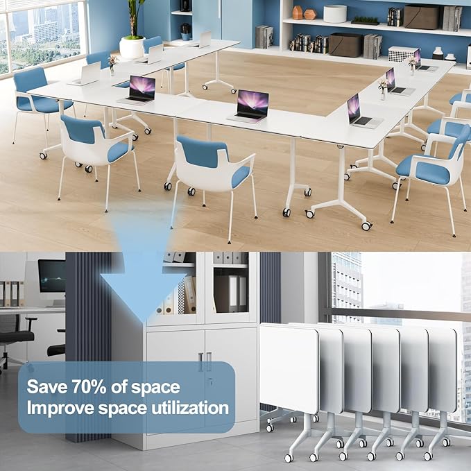 10Pack Folding Conference Room Table, Modern Conference Tables with Silent Wheels, Large Rectangular Mobile Training Tables for Office Classroom, Foldable Modular Seminar Table White (L47.2in)-DeskLoop Office