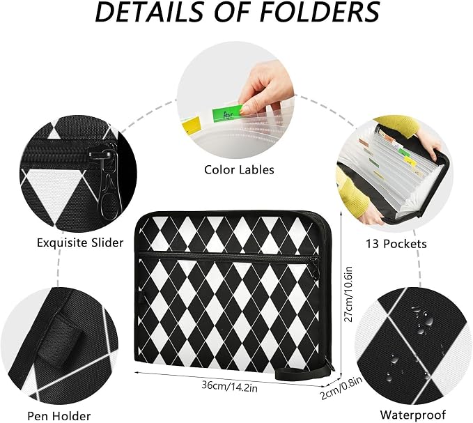 Black White Harlequin Pattern Accordion File Organizer Expanding Document Folder - Image 3