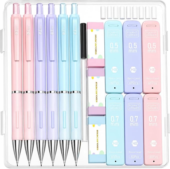 Four Candies Cute Pastel Mechanical Pencil Set, 6 Pack | 360 Lead Refills by FourCandies