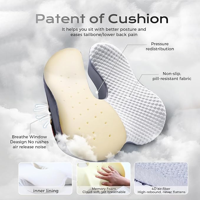 Seat Cushion for Tailbone Pain Relief X-Large,Ergonomic Office Chair Cushions for Butt Hip Lower Back & Sciatica Pain Relief Pillow,Pressure Relief Seat Cushion for Long Sitting, Car & Plane (Grey)-DeskLoop Office