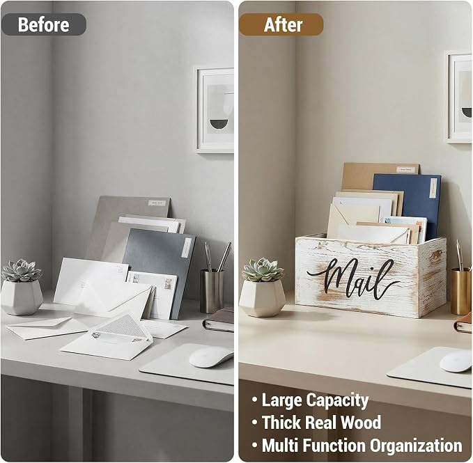 MyGift Mail Holder Storage Organizer Box Whitewashed Wood - Image 5