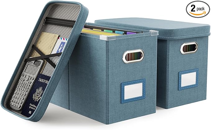 Oterri File Organizer with Lid, Hanging Filing Box with Mesh Pocket, Document Organizer for Letter Files, Portable Storage Box with Smooth Sliding Rail for Office&Home (2 PCS, Dark-blue)-DeskLoop Office
