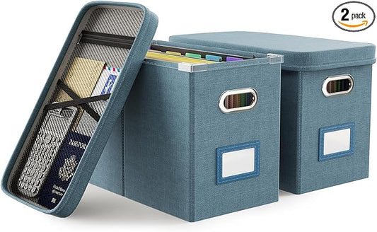 Oterri File Organizer with Lid, Hanging Filing Box with Mesh Pocket, Document Organizer for Letter Files, Portable Storage Box with Smooth Sliding Rail for Office&Home (2 PCS, Dark-blue)-DeskLoop Office