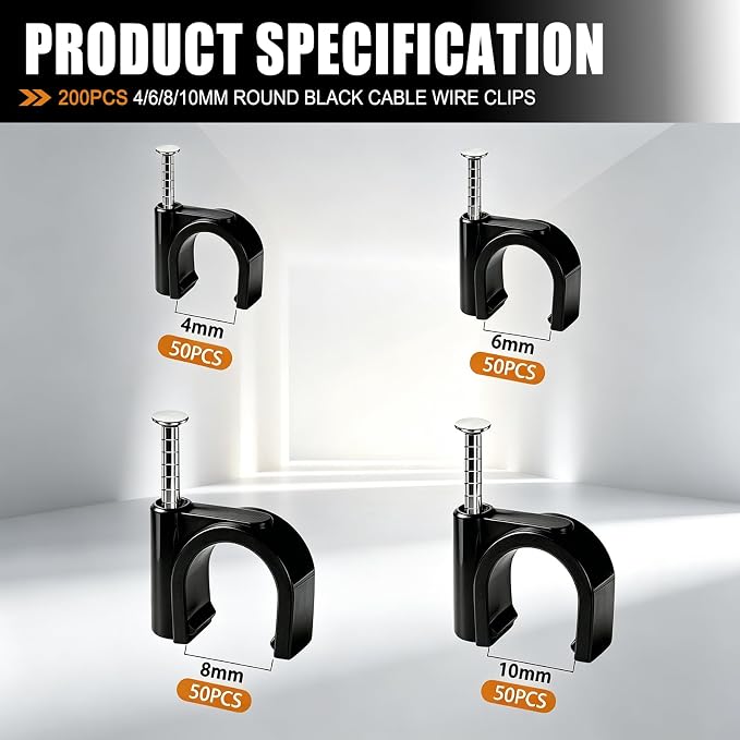 mankk 200PCS Cable Clips Nail in Cable Clips Black Wire Clips 4/6/8/10mm Round - Image 2