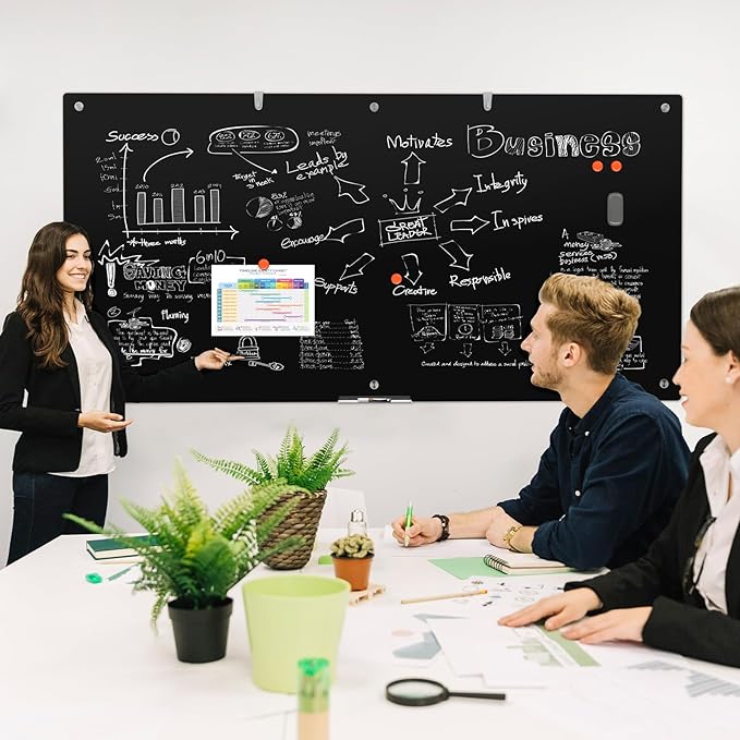 Large Black Glass Dry Erase Board, 96 x 48 Inches Magnetic Glass whiteboard,8' x 4' Frameless Blackboard for Office, Home, School-DeskLoop Office