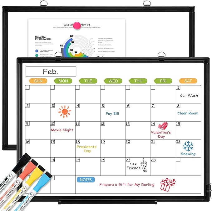 Dry Erase Calendar Whiteboard for Wall, 36" x 24" Double-Sided Magnetic Monthly WhiteBoard Calendar Dry Erase, Wall Hanging Aluminum Frame Calendar Board with Tray for Home, School, Office-DeskLoop Office