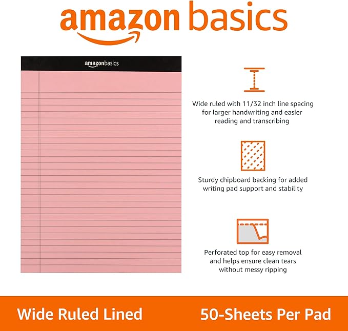 Amazon Basics Wide Ruled 8.5 x 11.75-Inch 50 Sheet Perforated Lined Writing Note Pads, Pack of 6, 300 Count, Multicolor-DeskLoop Office