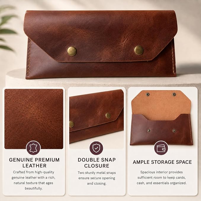 Genuine Leather Cash Envelope Wallet, Two Snap Money Pouch - Image 6