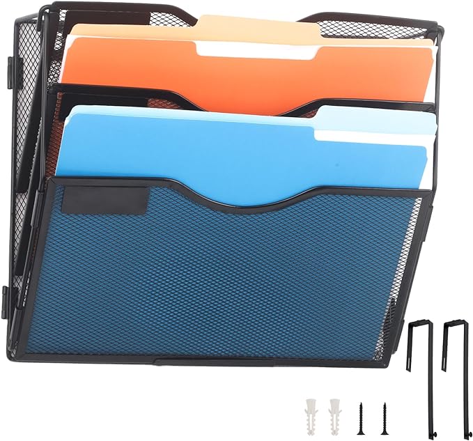 EASEPRES 3 Pocket Mesh Hanging Wall File Organizer with Hangers & Nametag Label, Wall Mounted Mail Paper Document Folder Holder, Clipboard Storage Organization Magazine Rack for Office Cubicle, Black-DeskLoop Office