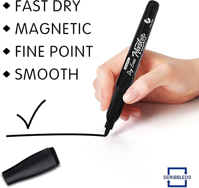 Scribbledo 12 Pack Magnetic Dry Erase Markers Black Fine Tip Whiteboard Markers - Image 2