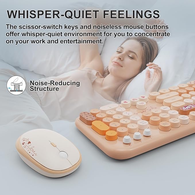 FOPETT Wireless Keyboard and Mouse Combo - 2.4G Full-Sized Cute Colorful Retro Keyboard with Round Keycaps 104 Keys Typewriter Keyboard for Laptop/Windows/PC - Milk Tea Colorful-DeskLoop Office
