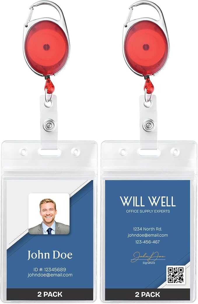 2 Pack ID Badge Holder with Clip – Transparent Red Badge Reels with ID Sleeves by WillWell