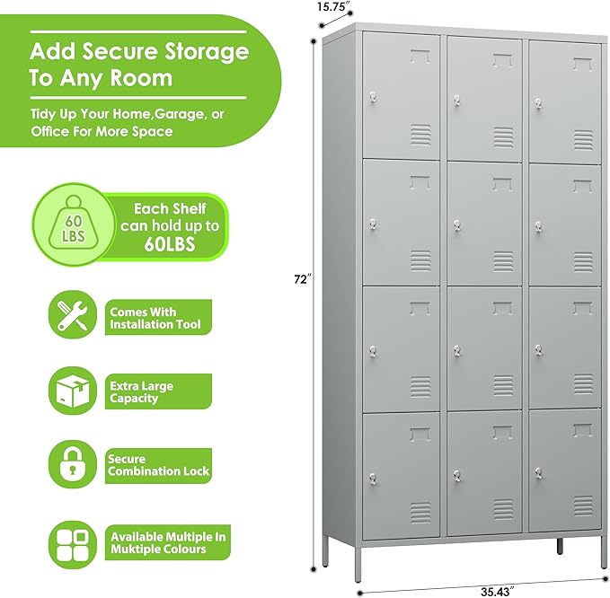 Metal Lockers for Employees with 12 Door & Hooks,Metal Storage Locker with Lock and Card Slot for School Office Garage Gym Bedroom Home,Assembly Required,12 Doors Light Grey-DeskLoop Office