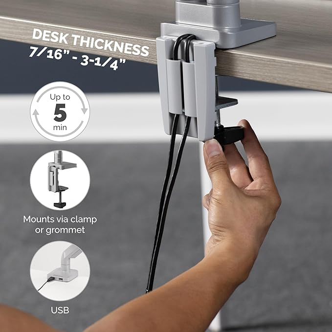 Fellowes Platinum Series Single Monitor Arm for 40-Inch Monitors, Full Motion, 360° Rotation, VESA Mount with Grommet or Clamp, USB Ports, Ergonomic, Silver, 8056401-DeskLoop Office