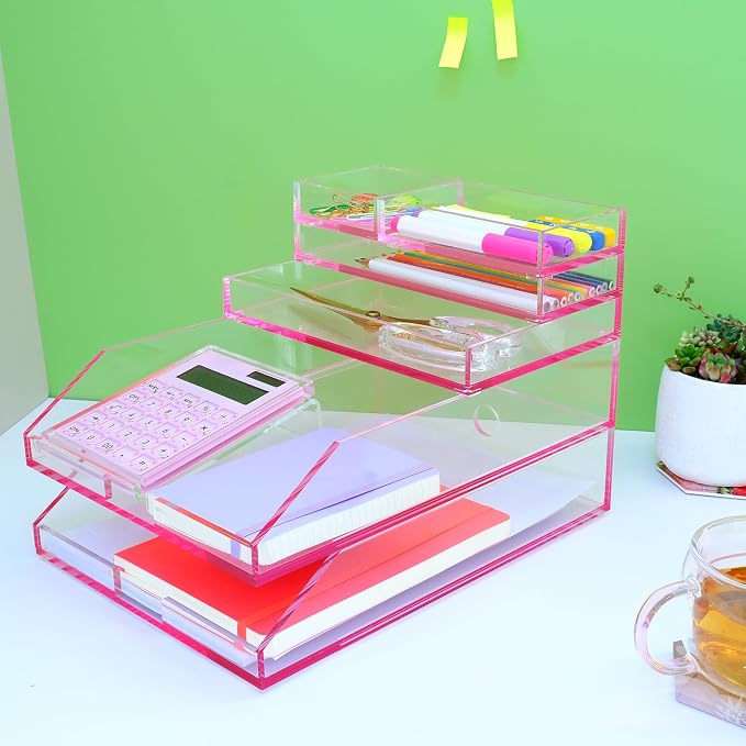 4-Piece Stackable Pink Acrylic Desk Organizer - Image 4