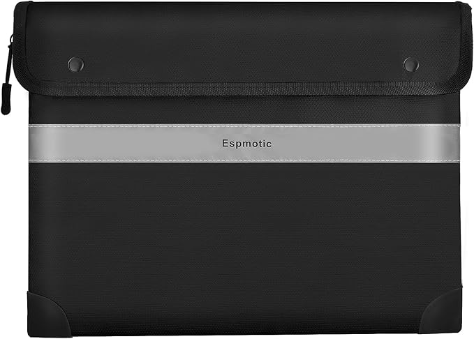Fireproof Document Bag – 5200°F Heat-Resistant, 14.2" x 10.6" Waterproof Money Pouch with 8-Layer Protection, Zipper and Snap Closure, Reflective Strip for Quick Access, Black-DeskLoop Office