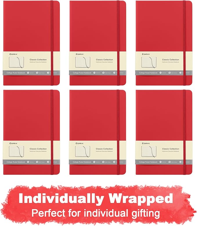 Comix 6 Pack Lined Journal Notebooks for Work, 240 Pages, 5.5"x8.3", Red, Hardcover, A5 Medium College Ruled, Journaling Notebooks for Notes-taking, Fits for Office School Home-DeskLoop Office
