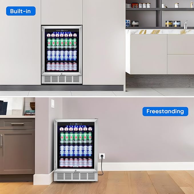 24" Beverage Refrigerator & Cooler, 180 Cans Under Counter Fridge with Lock, Glass Door & Powerful Cooling Compressor - Quiet, Built-in/Freestanding Drink Fridge-DeskLoop Office