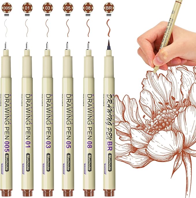 Muchcute Micro Fineliner Drawing Art Pens: 6 Sepia Fine Line Waterproof Ink Set by Muchcute