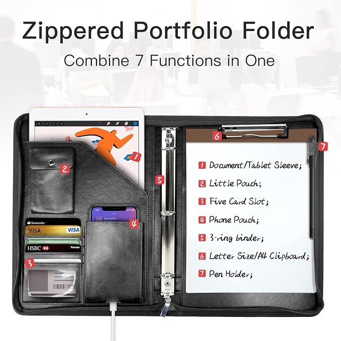 Zippered Portfolio Organizer, WRIYES Leather Padfolio - Image 2