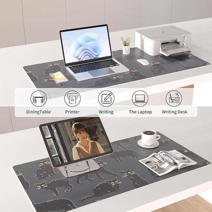 Colorful Star Black Large Mouse Pad, Cute Cat Waterproof Office Desk Mat - Image 4