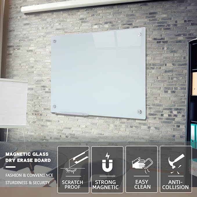 Glass Magnetic White Board - 36 x24 Inches Frameless Dry Erase Glass Whiteboard for Wall, Writing Board for Office, Classroom, Home and Presentation-DeskLoop Office