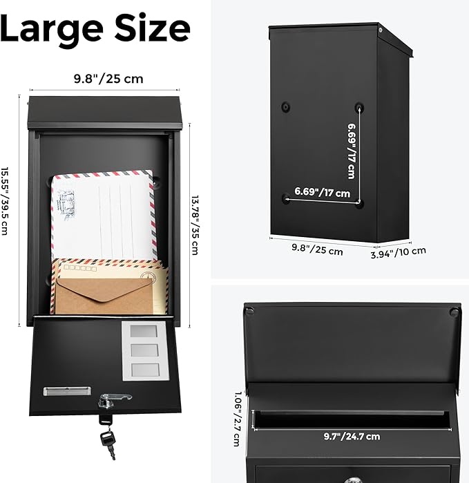 LAND·VOI Wall Mounted Mailbox with 4 Keys, Post Box for Wall and Fence, Viewing Windows, Nameplate, 3.94 x 9.8 x 15.6 Inches, Large Capacity, Includes Mailbox Numbers, Matt Black, AMB31B-DeskLoop Office
