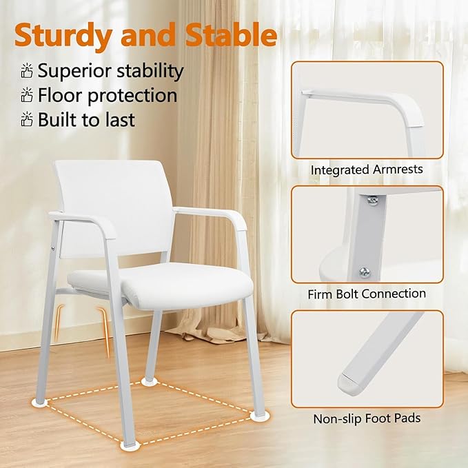 CLATINA Stacking Office Chairs | Mesh Back, Thicken Leather Seat and Arms, Ergonomic Lumber Support | Guest Reception, Waiting, Conference, School, Party, Customer, Side, Stationary | Set of 8, White-DeskLoop Office