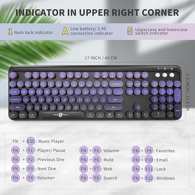 FOPETT Wireless Keyboard and Mouse Combo, 104 Keys Full-Sized 2.4 GHz Round Keycap Colorful Keyboards, USB Receiver Plug and Play, for Windows, Mac, PC, Laptop, Desktop (Black Purple)-DeskLoop Office