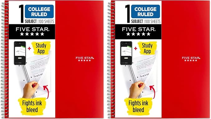 Five Star Spiral Notebook Plus Study App, 1 Subject, College Ruled Paper by FiveStar