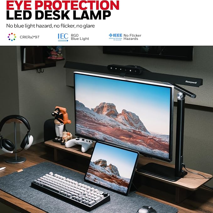 Honeywell LED Desk Lamp with Base - HJ1BK Sunturalux Eye-Caring Architect Desk Lamp for Home Office, 1200LM Computer Desk Light 4 Color Modes Stepless Dimming Task Desk Light with Timer Function Black-DeskLoop Office