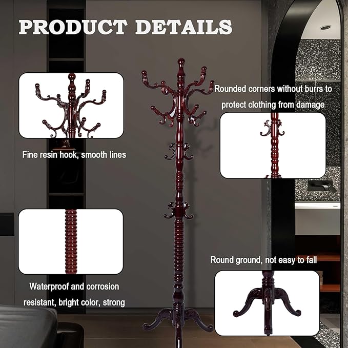 Coat Racks FreeStanding with 14 Hooks, Natural Wood Coat Rack with Solid Round Base, Adjustable Height Coat Racks, Easy Assembly for Hallway, Bedroom and Office (Reddish brown-Tri-Legged Base)-DeskLoop Office