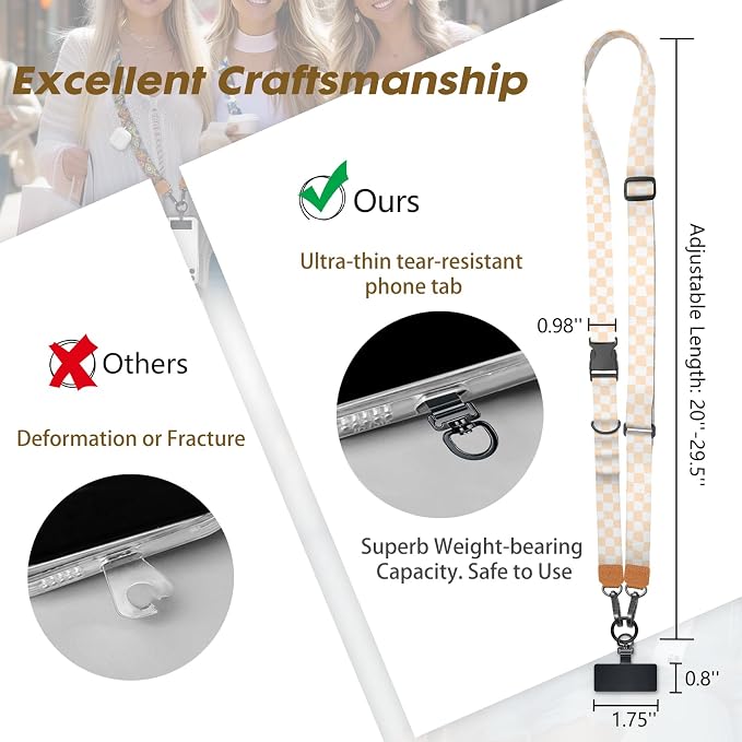 Icycay Phone Lanyard Crossbody, Apricot Checkered Cell Phone Strap - Image 5