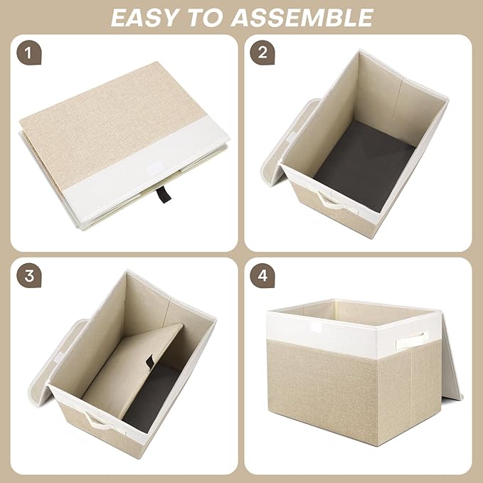 Large 17" 42 Quarts Collapsible Stackable Storage Bins with Lids [3-Pack] Foldable Fabric Linen Storage Boxes Cube, Closet Organizer Baskets with Label (16.7 x 12 x 12", Beige & White)-DeskLoop Office
