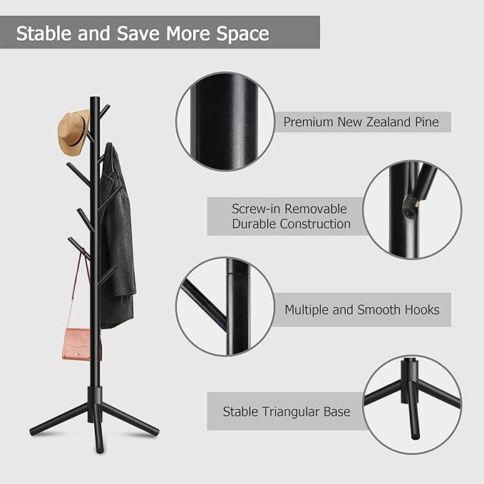 Wooden Coat Rack, Free Standing Coat Rack with 8 Hooks 3 Adjustable Heights for Clothes, Hats, Handbags, Coat Tree Easy Assembly for Entryway, Bedroom, Hallway, Office (New Black)-DeskLoop Office