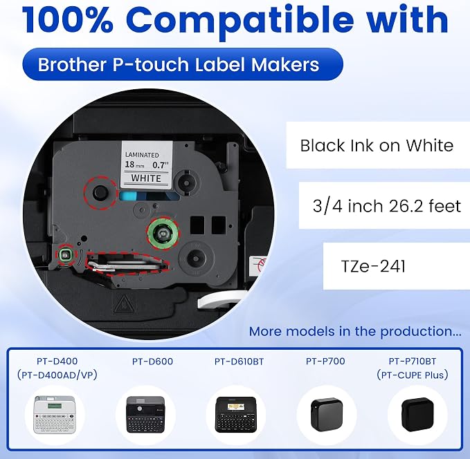 6-PK Replace for Brother P-Touch Label Tape 18mm .7 White Laminated TZe-241 | - Image 2