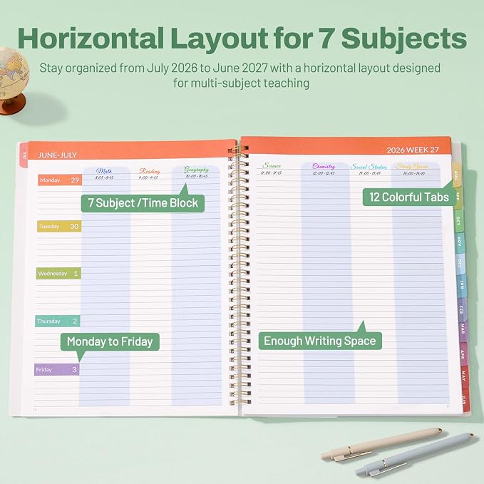 SUNEE Teacher Planner 2026-2027 Academic Year, 7 Periods Lesson Plan Book Jul - Image 2